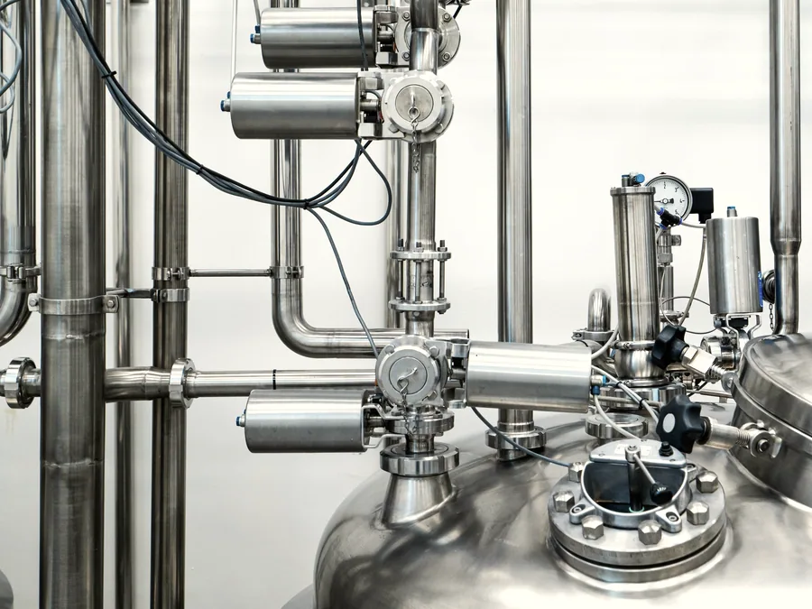 Stainless steel valves, actuators and pipework on a process skid
