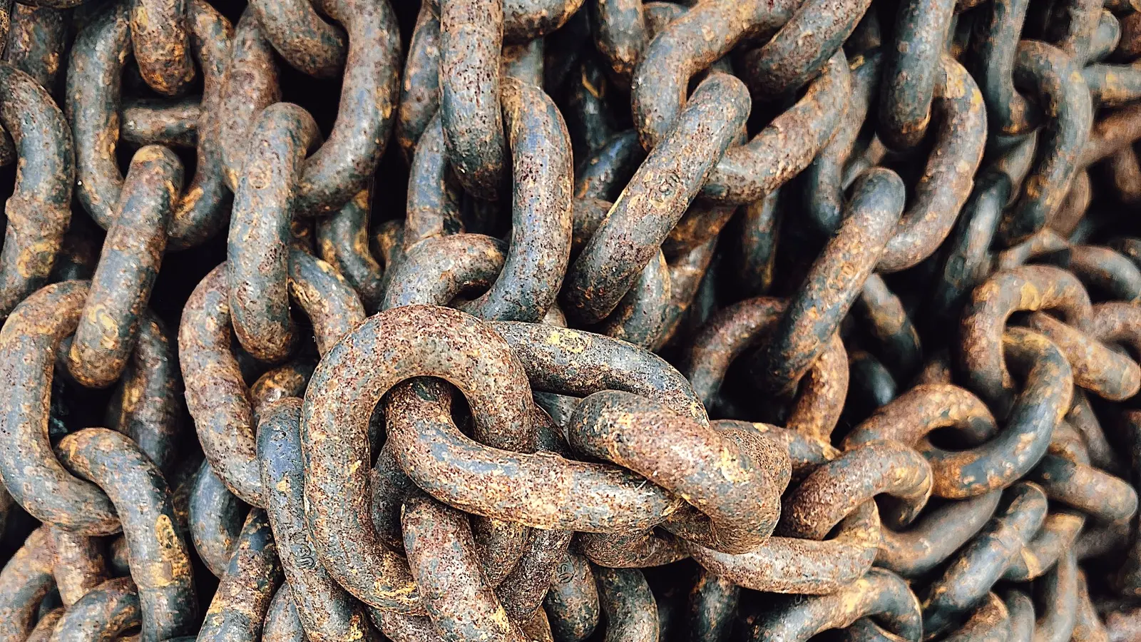 Heavy chain links coiled and weathered