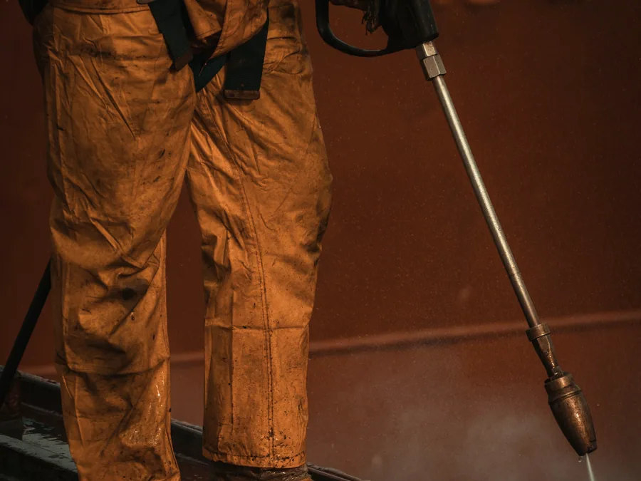 Operator in protective clothing washing down an industrial surface