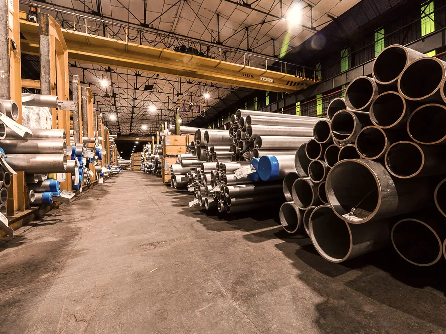 Steel pipe stock racked in a supply warehouse