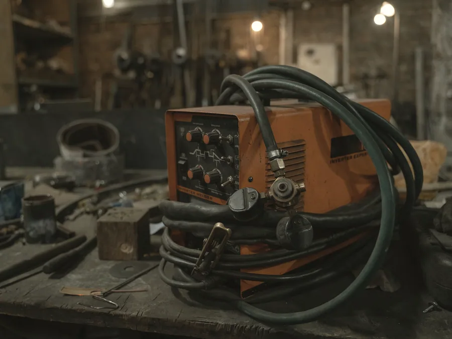 Welding set with cables and leads in a fabrication workshop